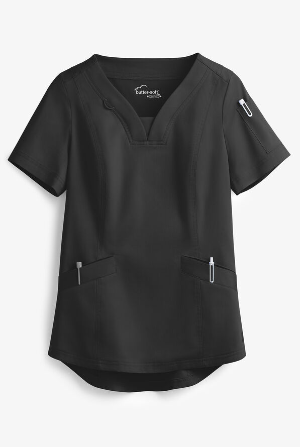 Butter-Soft STRETCH Women's 4-Pocket Feminine Curved V-Neck Scrub Top - Black - 1
