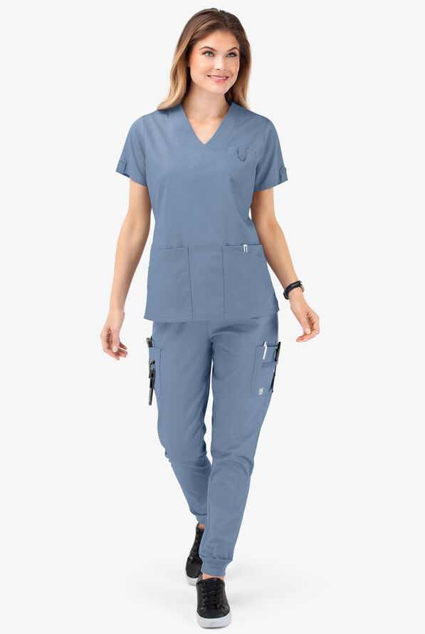 Butter-Soft STRETCH Women's 6-Pocket V-Neck Scrub Top - Indigo Batik - 2
