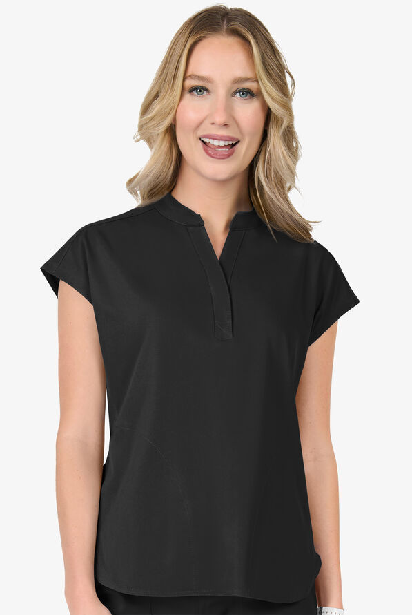 Zavate Ava Therese Piper Women's 2-Pocket STRETCH Dolman Sleeve Mandarin Collar Scrub Top - Black - 2