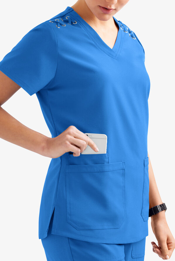 Blusa m&eacute;dica Easy STRETCH Leila con ojales con lazos y 3 bolsillos para mujer - Cerulean - 3