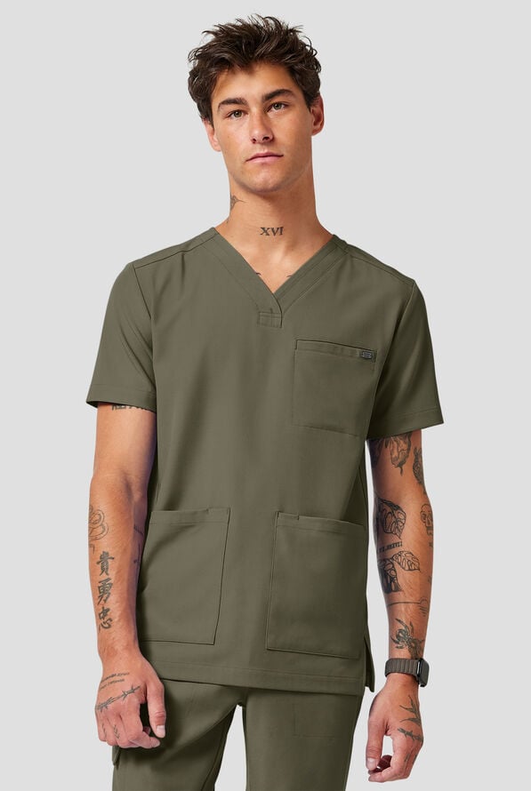 Healing Hands Quest Avery Men's 4-Pocket STRETCH Y-Neck Scrub Top - Olive - 2