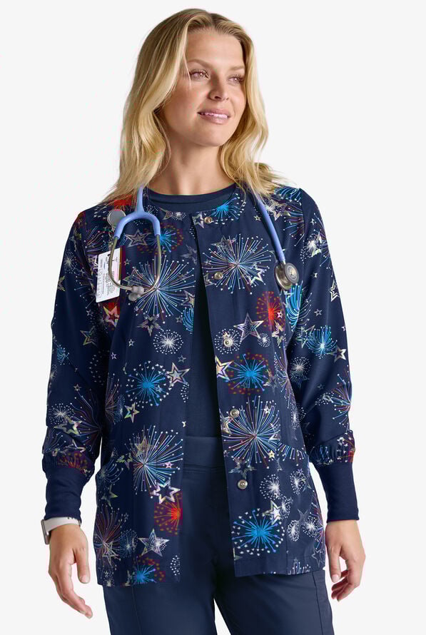 Butter-Soft STRETCH Shining Fourth Navy Women's Printed Long Sleeve Snap Front Jacket - null - 1