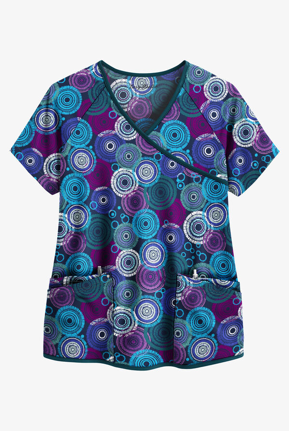 Easy STRETCH Mandala Tapestry Navy Women's Raglan 4-Pocket V-Neck Mock Wrap Print Scrub Top - null - 1