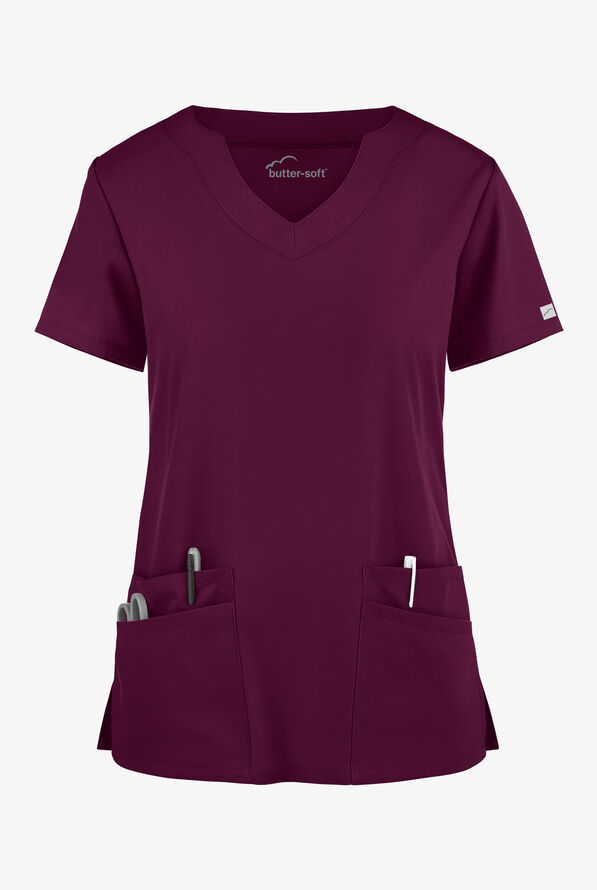 Butter-Soft Core Women's 4-Pocket Scallop Neck Scrub Top - Wine - 1