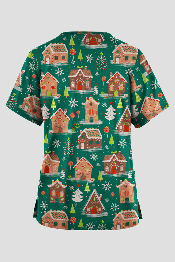 Blusa médica estampada Butter-soft Originals Gingerbread Haven Hunter con cuello en V y 2 bolsillos para mujer - null - 2