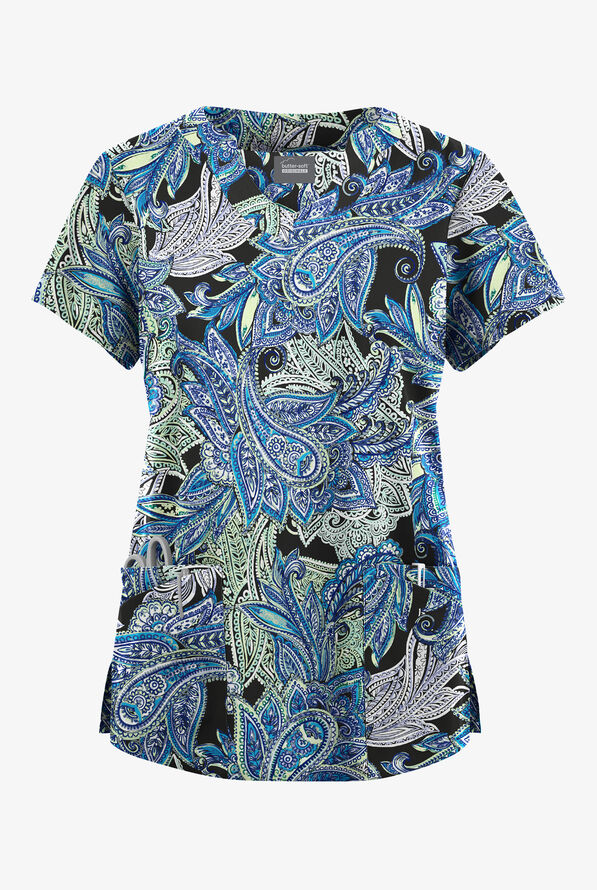 Butter-Soft Originals Layered Paisley Women's 6-Pocket Scallop Neck Print Scrub Top - null - 1