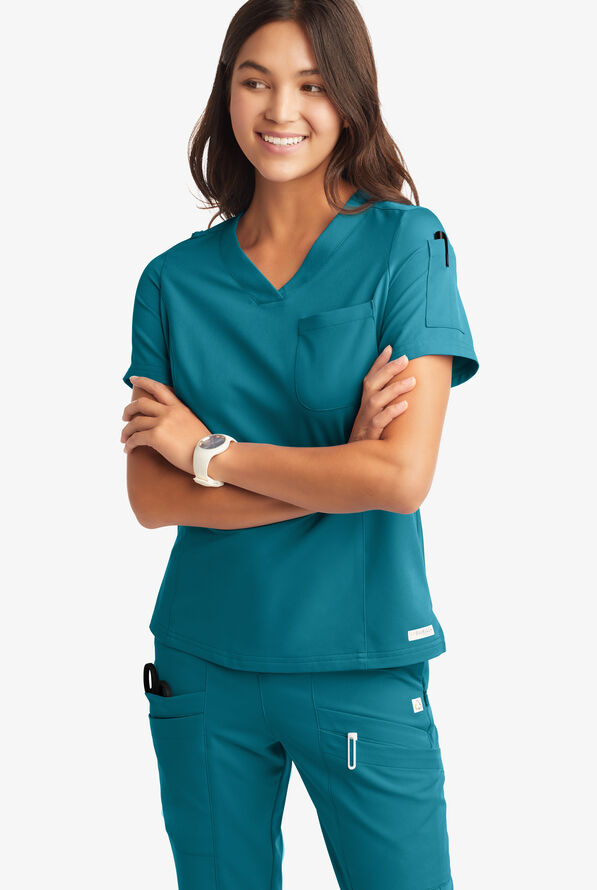Butter-Soft Women's 3-Pocket V-Neck Tuck-In Scrub Top **Slightly IRREGULAR** - Caribbean Blue - 6