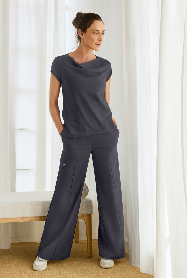 Grey's Anatomy by Barco Spandex STRETCH Marisol Women's 2-Pocket Cap Sleeve Cowl Neck Scrub Top - Steel Gray - 4