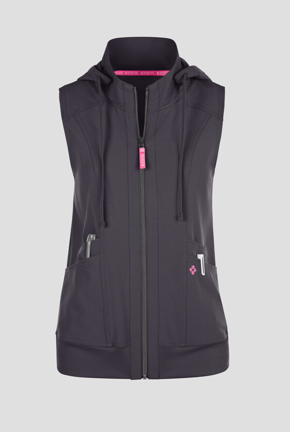 Med Couture Amp Women's 4-Pocket STRETCH Zip Front Removable Hoodie Scrub Vest - Pewter - 1