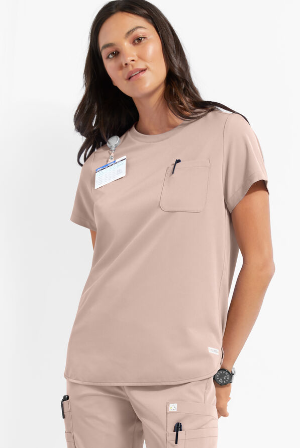 ReSurge Citrine Women's 1-Pocket Crew Neck Tuck In / Wear Out Scrub Top - Mocha Meringue - 2
