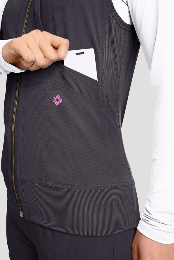 Med Couture Amp Women's 4-Pocket STRETCH Zip Front Removable Hoodie Scrub Vest - Pewter - 3