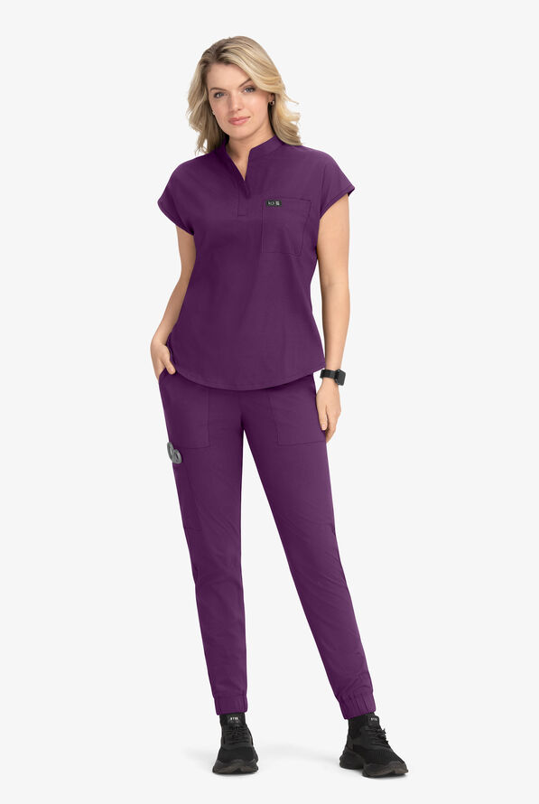 koi Basics Ari Women's 1-Pocket STRETCH Dolman Sleeve Mandarin Collar Scrub Top - Eggplant - 4