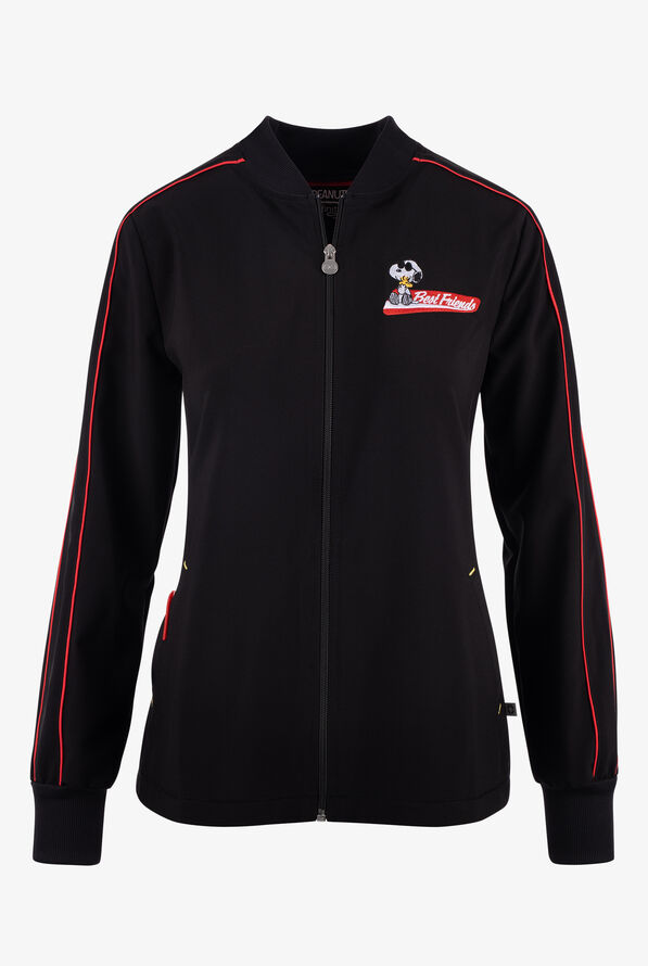 Cherokee Infinity Women's 2-Pocket STRETCH Peanuts Embroidered Rib Knit Back Zip Front Scrub Jacket - Black/Rooftop Red - 1
