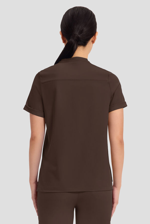 HH Works by Healing Hands Macy Women's 1-Pocket STRETCH Mandarin Collar Tuck In Scrub Top - Dark Chocolate - 4