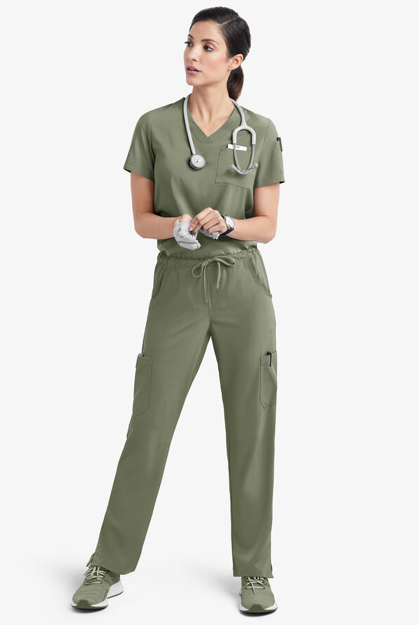 Easy STRETCH Chloe Women's 3-Pocket V-Neck Tuck-In Scrub Top - Olive Leaf - 2