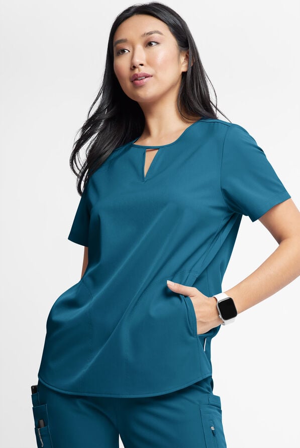 WhisperLite Alba Women's 3-Pocket Notched Neck Scrub Top - Caribbean Blue - 1