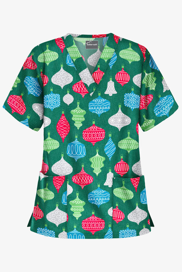 Butter-Soft Festive Ornaments Hunter Women's 2-Pocket Relaxed Fit V-Neck Print Scrub Top - null - 1