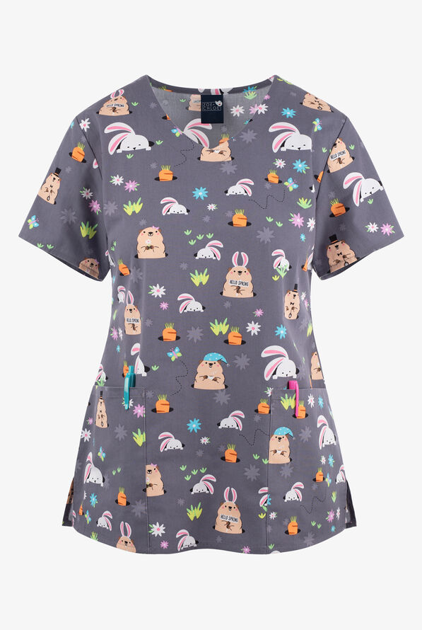 Zoe & Chloe Hello Spring Rabbits and Gophers Women's 2-Pocket V-Neck Print Scrub Top - null - 1