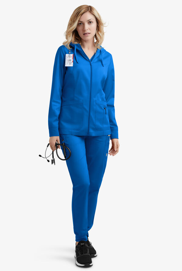 Butter-Soft STRETCH Women's 3-Pocket Zip-Front with Cozy Knit Hood and Trim Scrub Jacket - Royal - 2