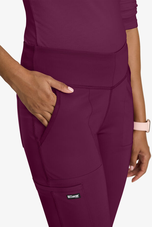 Grey's Anatomy by Barco Knit STRETCH Swift Women's 5-Pocket Fit & Flare Cargo Scrub Pants - Petite - Wine - 3