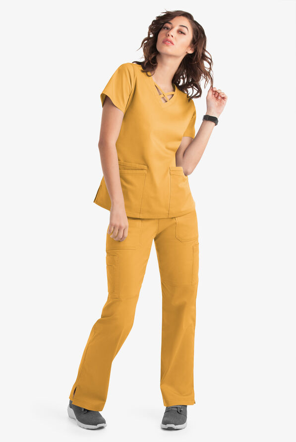 Blusa m&eacute;dica UA Butter-Soft STRETCH con lazos entrecruzados y 4 bolsillos para mujer - Apricot Sunset - 6