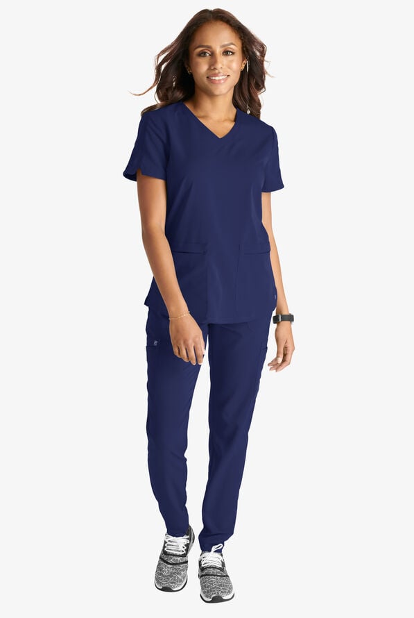 Cherokee Atmos Women's 2-Pocket STRETCH Coolmax V-Neck Scrub Top - Navy - 4