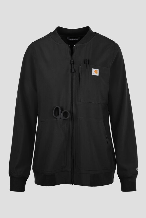 Carhartt Force Cross-Flex Rugged Flex Women's 6-Pocket Rib Trim Lightweight Zip Bomber Scrub Jacket - Black - 1