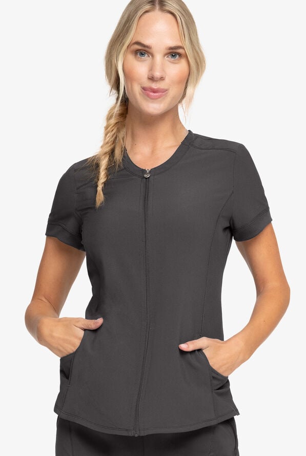 Blusa médica Cherokee Infinity con cuello redondo y cremallera para mujer - Pewter - 2