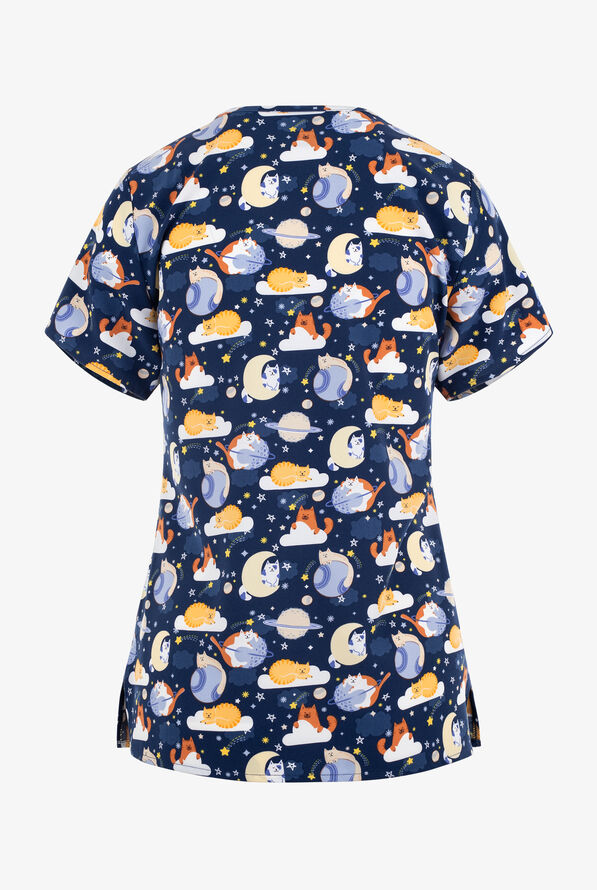 Zoe & Chloe Moon Meow Cats In Space Women's 2-Pocket STRETCH V-Neck Print Scrub Top - null - 2
