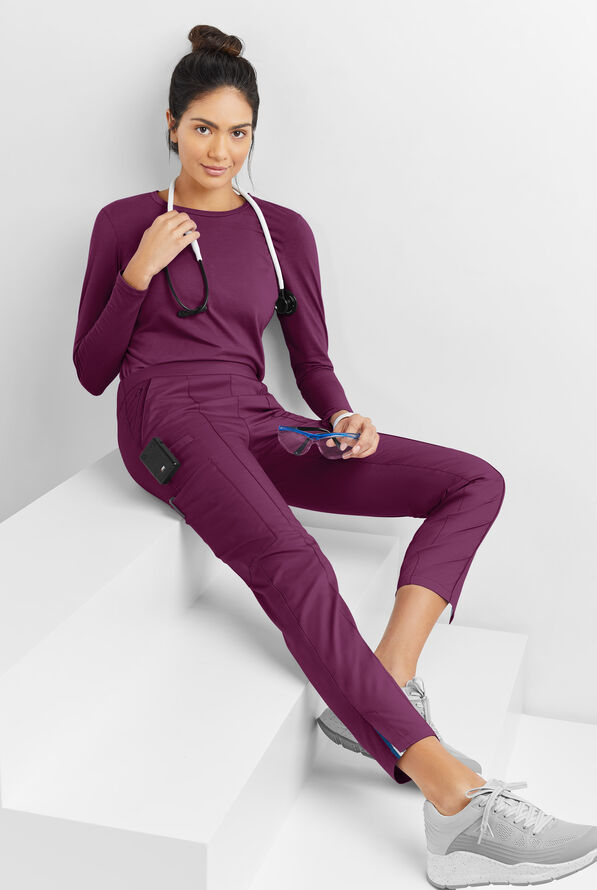 Pantal&oacute;n m&eacute;dico UA Butter-Soft STRETCH de piernas entalladas acortadas con ribete deportivo y 6 bolsillos para mujer - Wine/Silver Melange - 8
