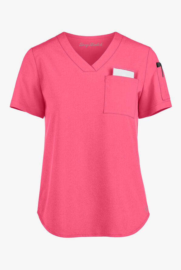 Easy STRETCH Chloe Women's 3-Pocket V-Neck Tuck-In Scrub Top - Strawberry Fizz - 1