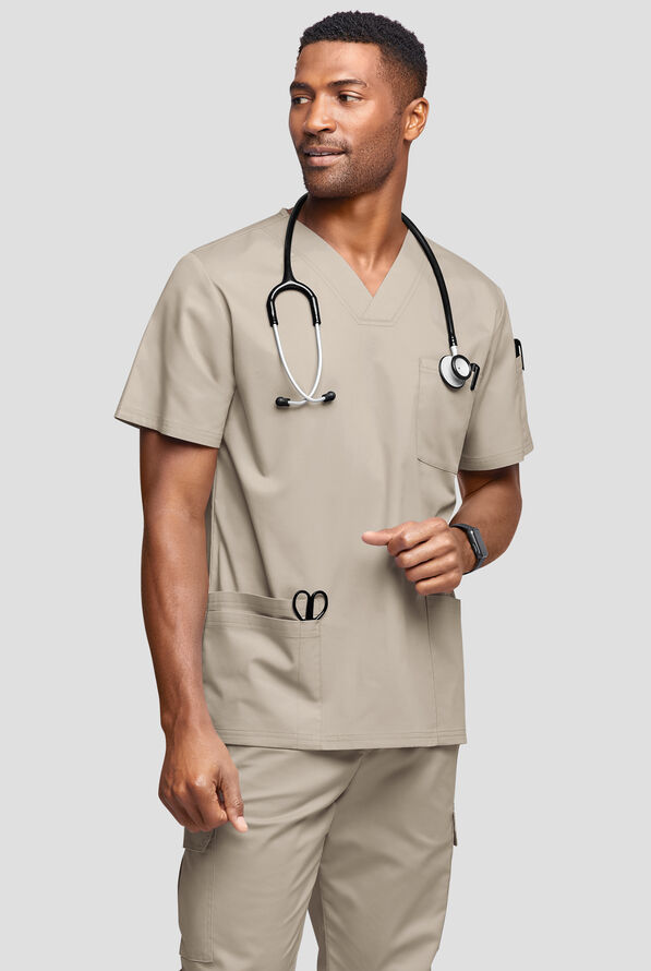Butter-Soft STRETCH Men's 6-Pocket V-Neck Scrub Top - Warm Sand - 2