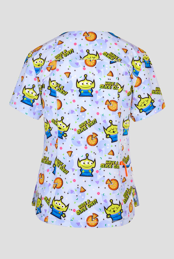 Tooniforms Disney's Minions Have A Slice Women's 2-Pocket STRETCH V-Neck Print Scrub Top - null - 2