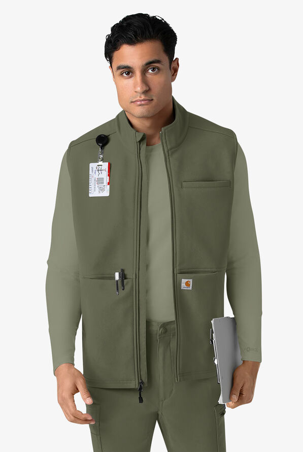 Carhartt Force Rugged Men's 6-Pocket Bonded Fleece Utility Zip Front Scrub Vest - Olive - 1