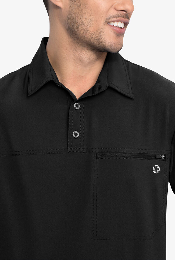 Infinity Men's 1 Zippered Pocket STRETCH Rib-Knit Polo Scrub Top - Black - 5