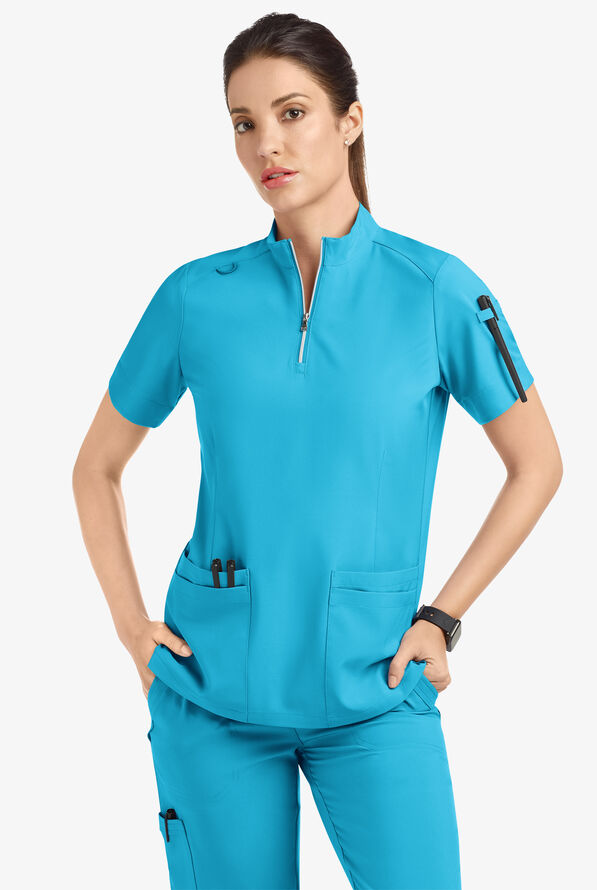 Easy STRETCH Jen Women's 4-Pocket Zip-Neck Short Sleeve Scrub Top - Turquoise - 8