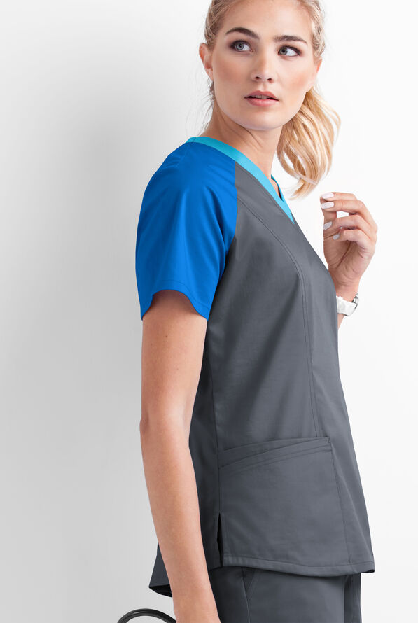 Butter-Soft STRETCH Women's 5-Pocket Active Color Block Scrub Top - Pewter/Royal/Turquoise - 4