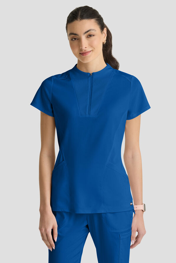 Grey's Anatomy&trade; by Barco Spandex STRETCH Kristi Women's 2-Pocket Quarter Zip Collar Neck Scrub Top - Royal - 2