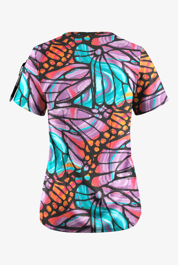 Easy STRETCH Onyx Butterflies Women's 1-Pocket Tuck-In Scallop Neck Print Scrub Top - null - 2