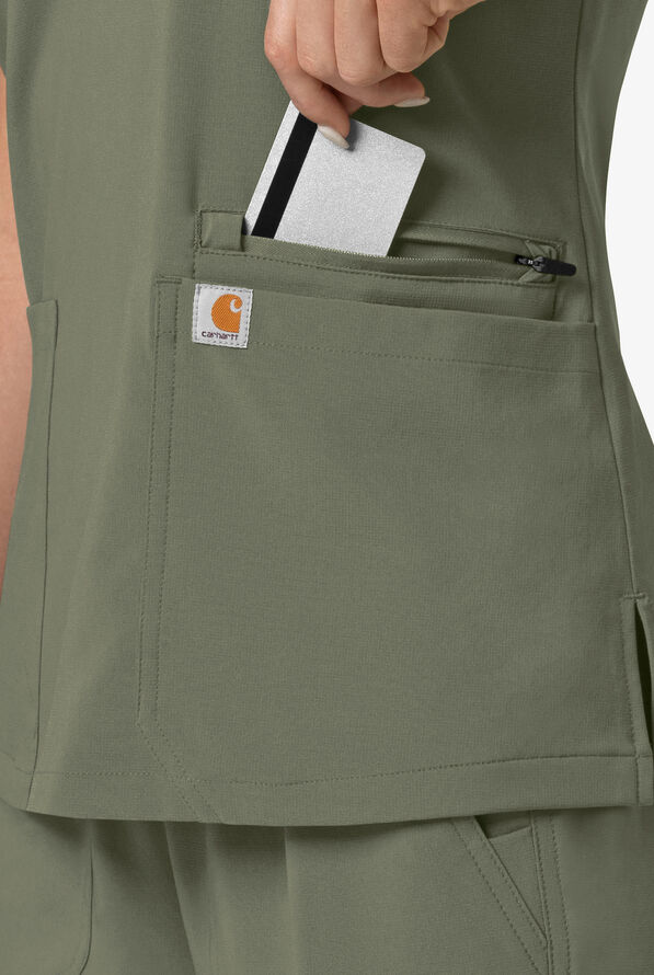 Blusa m&eacute;dica Carhartt Cross-Flex Force STRETCH con panel de tejido y 3 bolsillos para mujer - Olive - 3