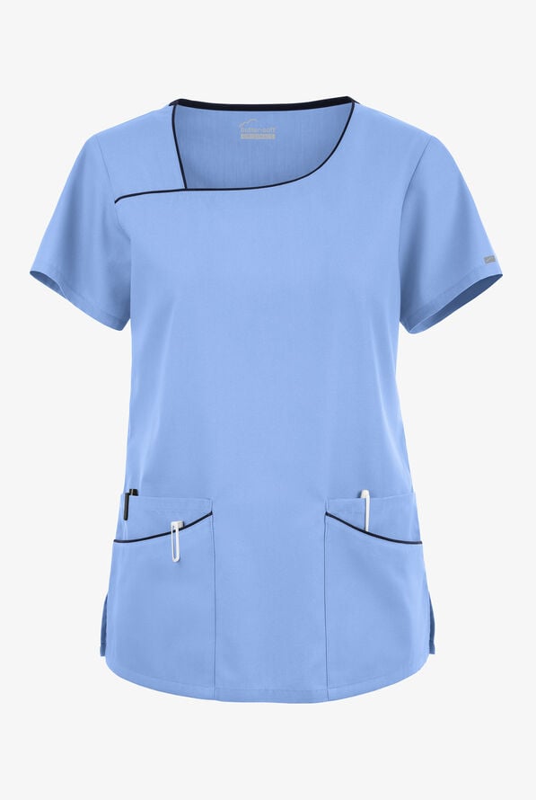 Butter-Soft Originals Women's 4-Pocket Asymmetrical Neck Scrub Top - Ceil/Navy - 1