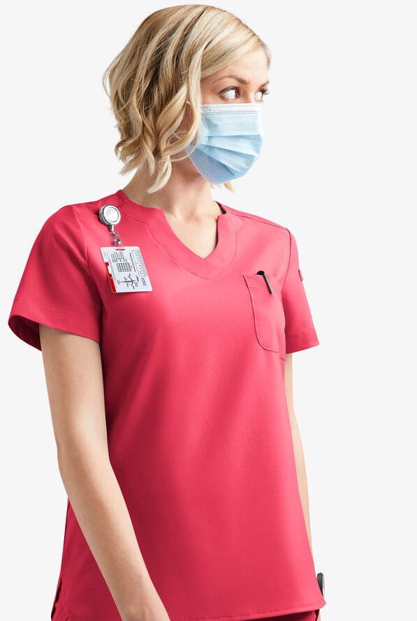 Easy STRETCH Nikki Women's 1-Pocket Scallop Neck Tuck-In Scrub Top - Bright Watermelon - 6