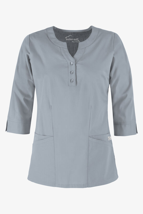 Butter-Soft STRETCH Women's 4-Pocket 3/4" Sleeve Round Neck Scrub Top - Silver - 1