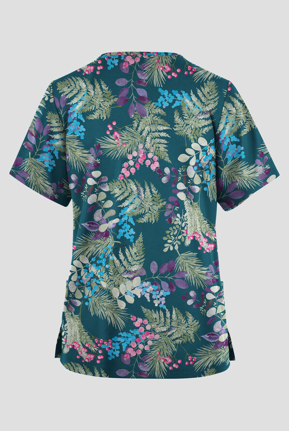 Butter-Soft Originals Forest Fern Caribbean Blue Women's 2-Pocket V-Neck Print Scrub Top - null - 2