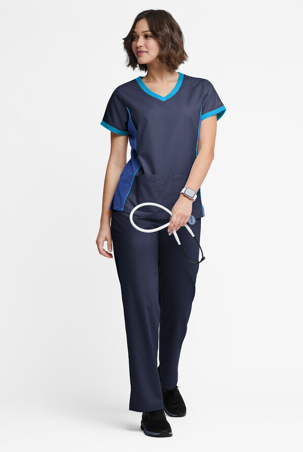 Blusa m&eacute;dica Butter-Soft Originals Tri-Colorblock con cuello en V y 4 bolsillos para mujer - Navy/Galaxy/Turquoise - 4