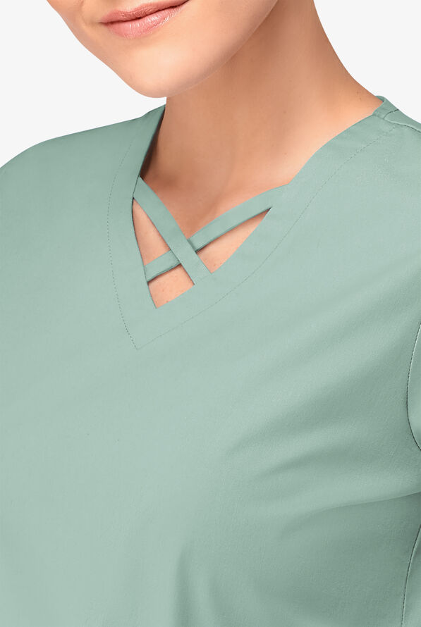 Blusa m&eacute;dica UA Butter-Soft STRETCH con lazos entrecruzados y 4 bolsillos para mujer - Eucalyptus Leaf - 3
