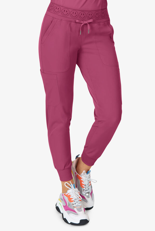 Zavate Ava Therese Women's 6-Pocket STRETCH Smile Face Elastic Waistband Cargo Jogger Scrub Pants - Deep Rose - 1