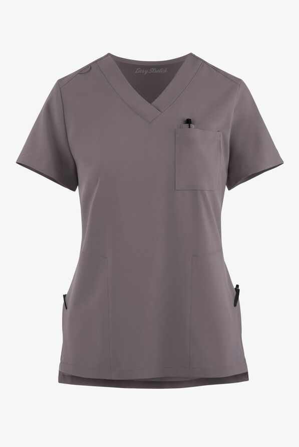 Easy STRETCH Taylor Women's 3-Pocket High Low Hem V-Neck Scrub Top - Grey Stone - 6