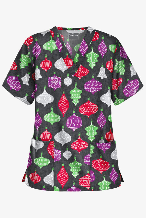 Butter-Soft Festive Ornaments Women's 2-Pocket Relaxed Fit V-Neck Print Scrub Top - null - 1