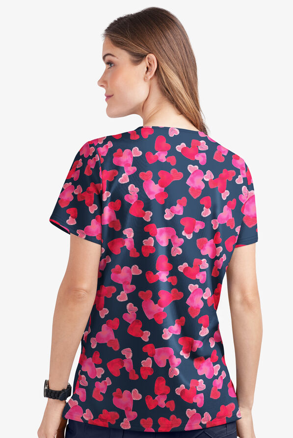Strictly Scrubs STRETCH Forever Love Navy Women's 2-Pocket V-Neck Print Scrub Top - null - 2